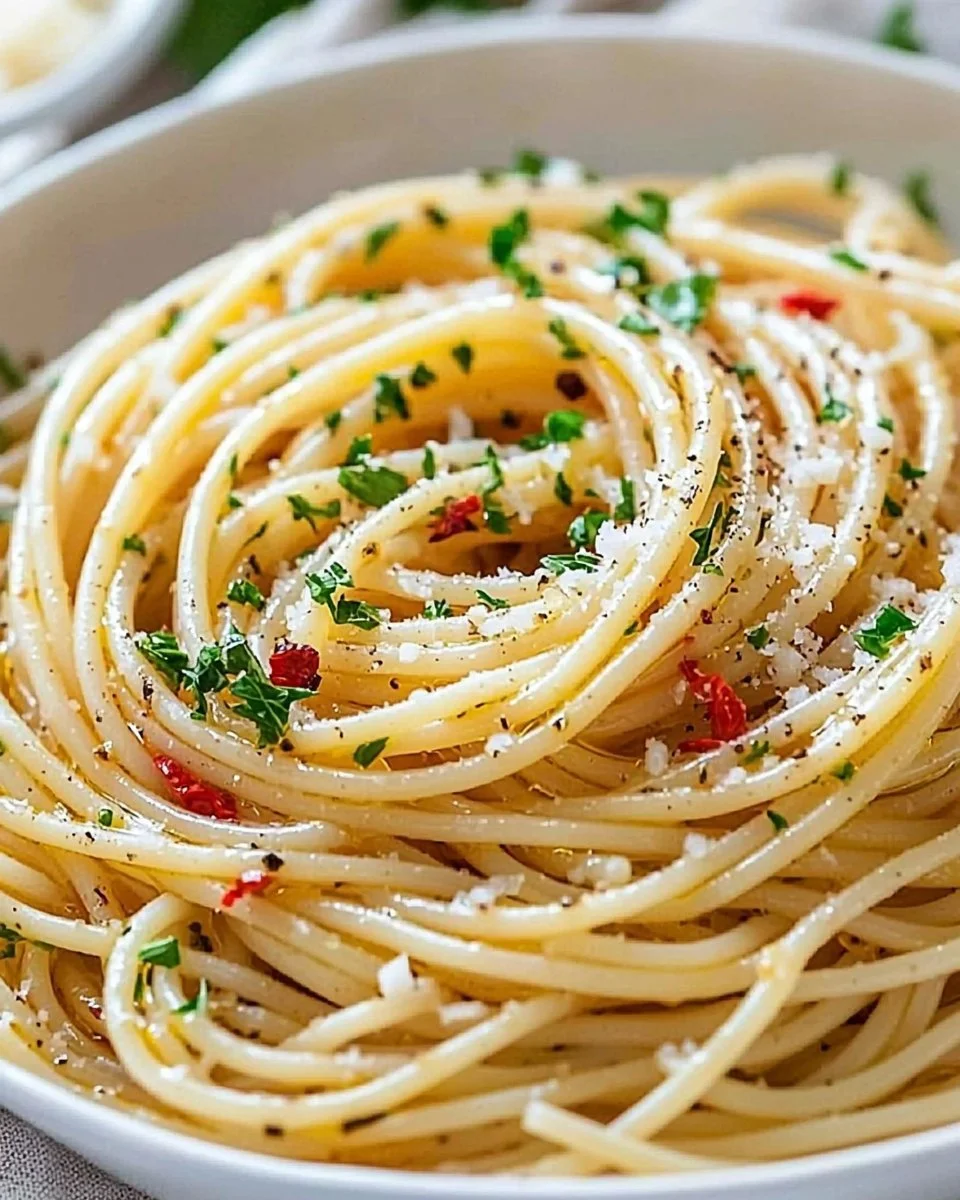 Plate of spaghetti with garlic and olive oil garnished with parsley