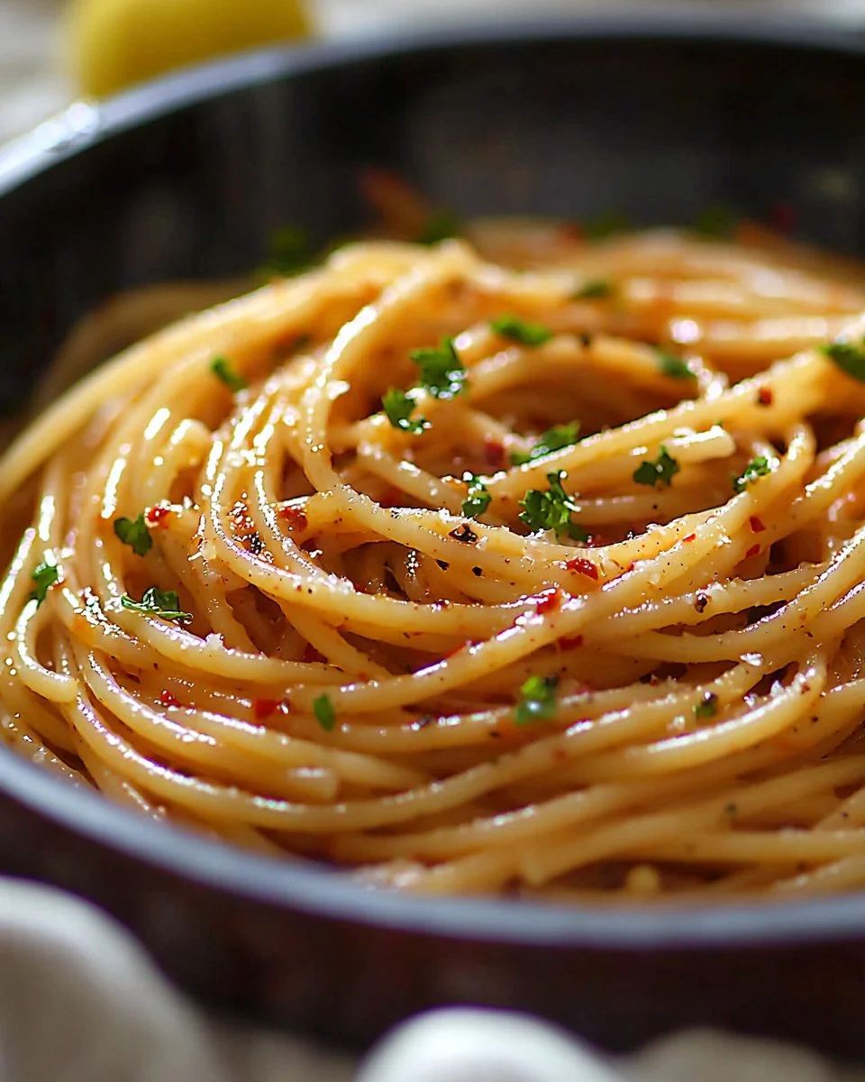 A bowl of spicy spaghetti pasta topped with herbs and chili flakes