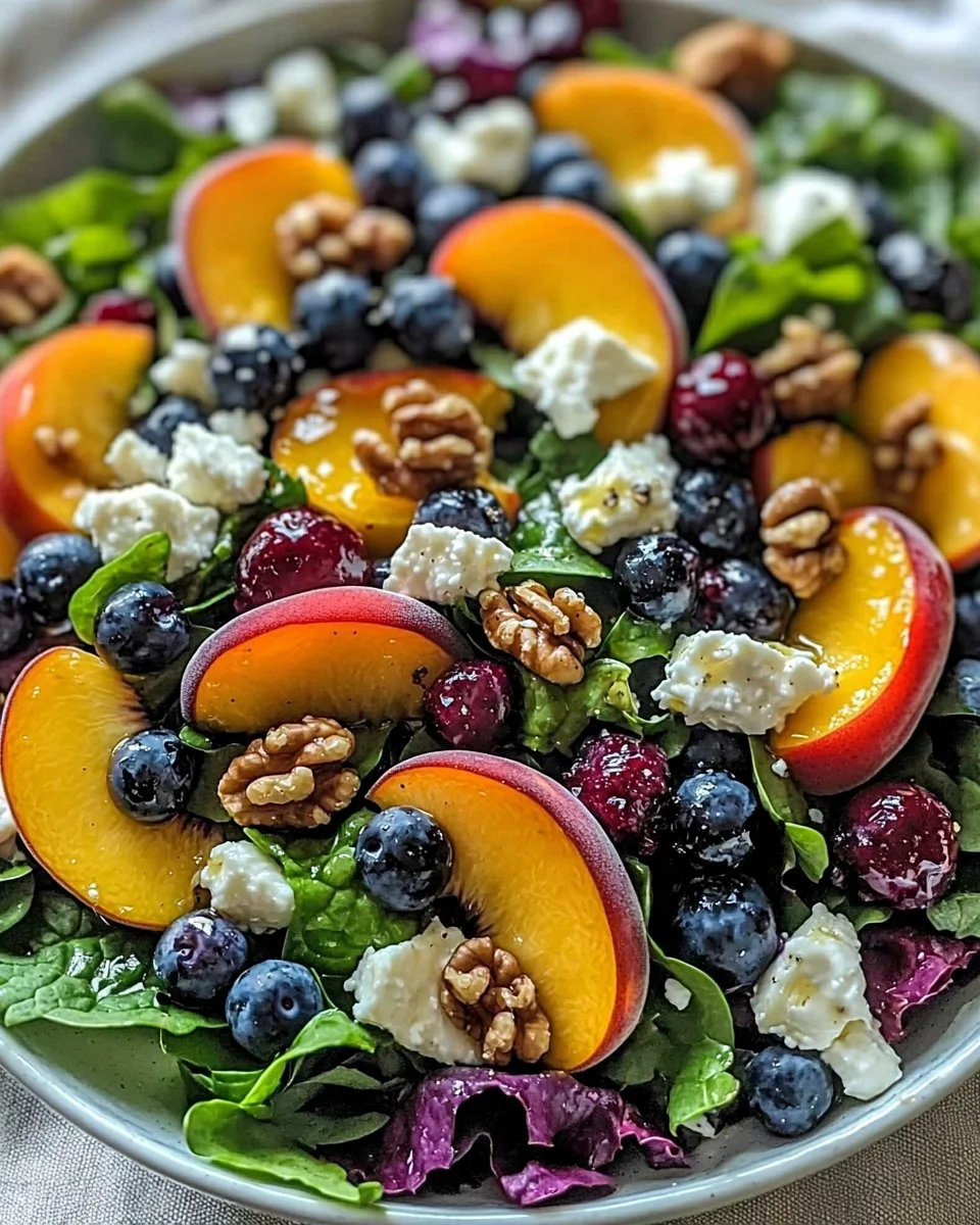 Summer Peach and Blueberry Salad with fresh ingredients in a bowl