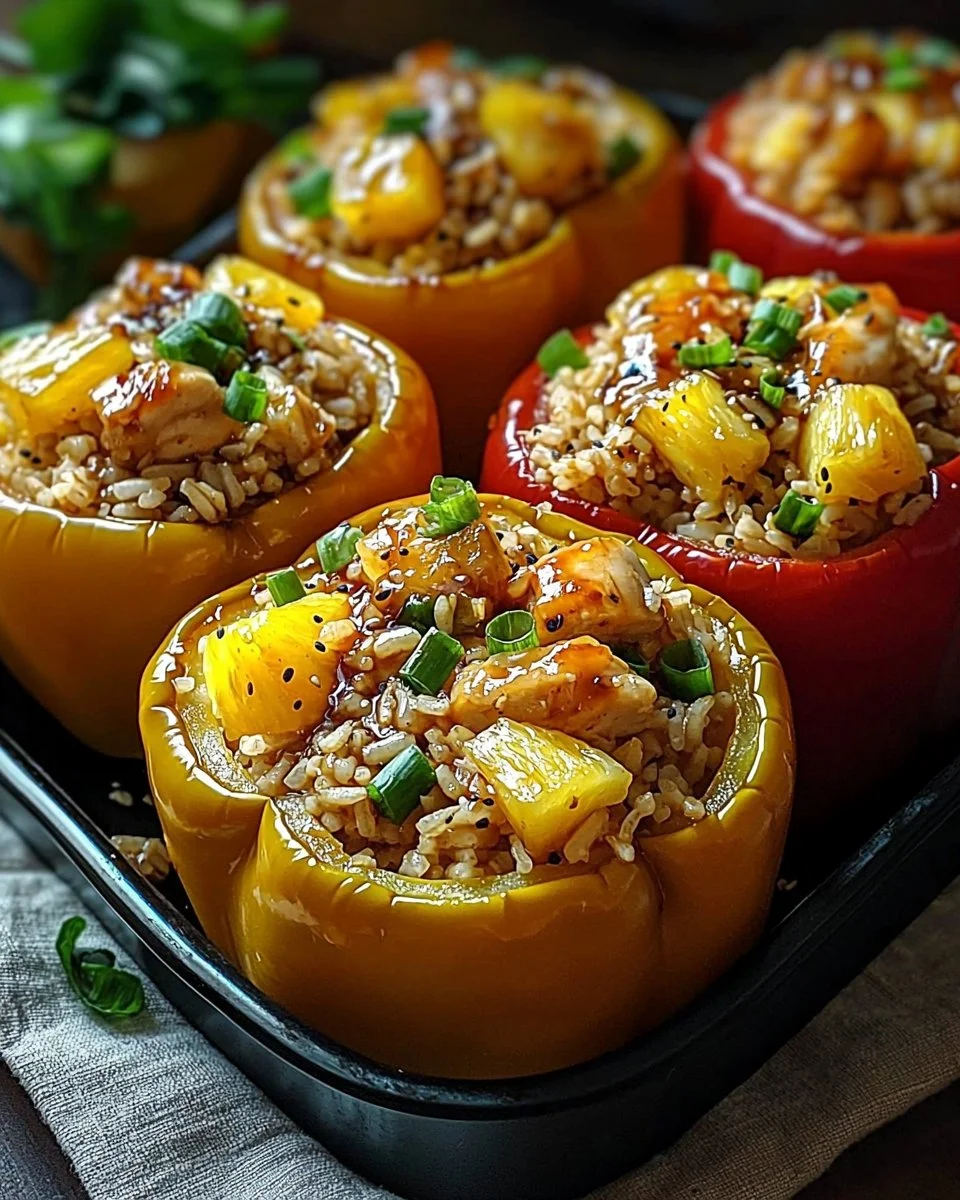 Delicious teriyaki pineapple chicken and rice stuffed peppers on a plate