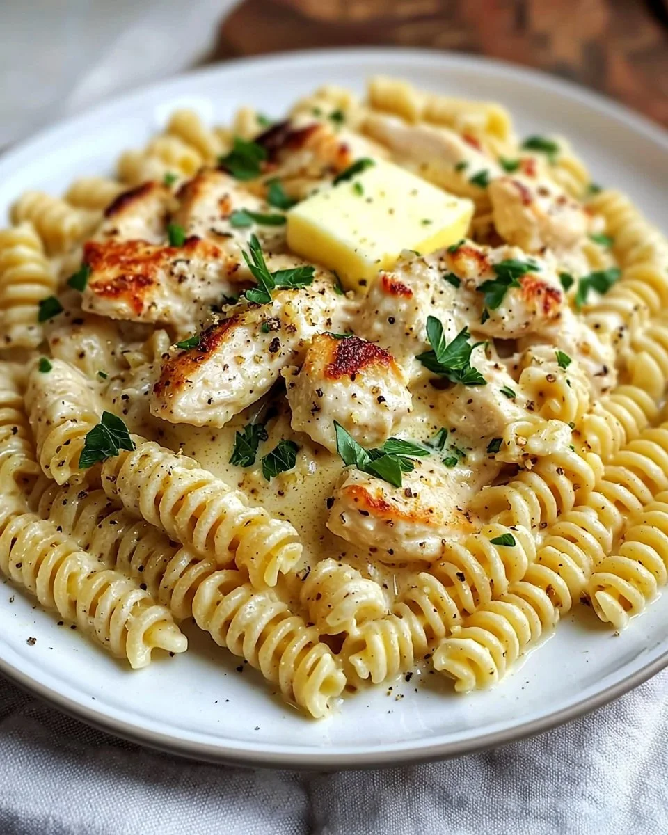 Delicious creamy garlic parmesan chicken pasta in a bowl topped with herbs.
