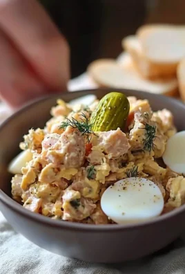 Tuna salad with eggs, vegetables, and dressing in a bowl