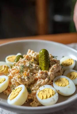Tuna Salad with hard-boiled eggs served in a bowl, garnished with greens.