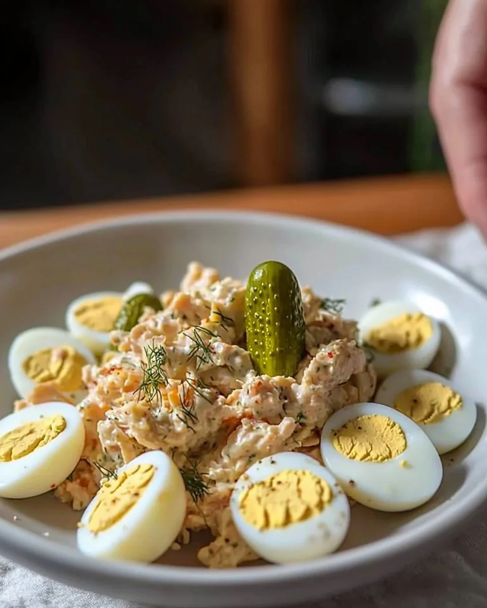 Tuna Salad with hard-boiled eggs served in a bowl, garnished with greens.