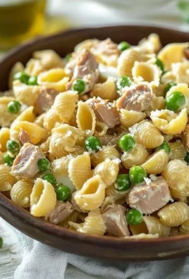 A bowl of colorful tuna pasta salad with vegetables and dressing.