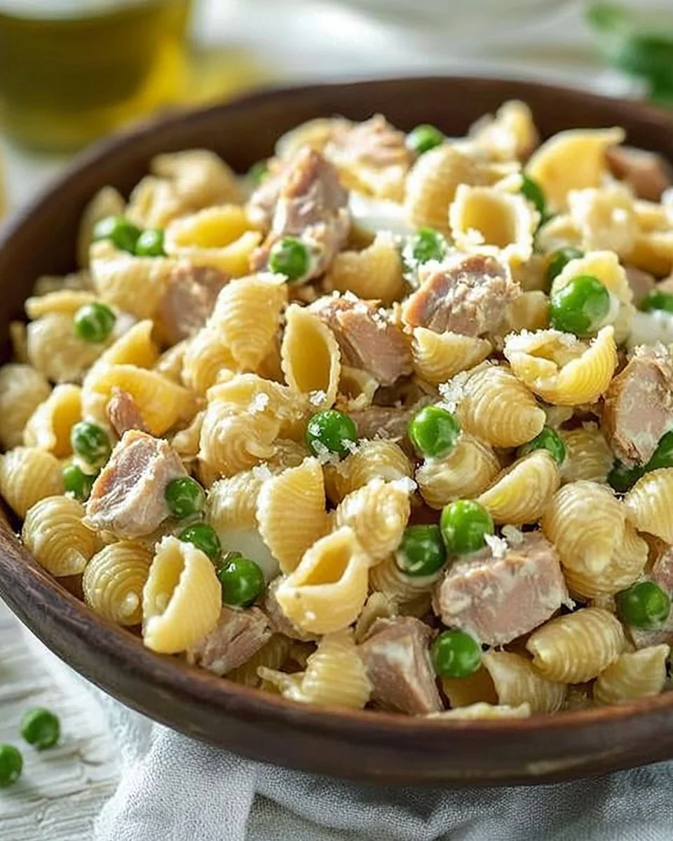 A bowl of colorful tuna pasta salad with vegetables and dressing.