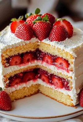 Vanilla cake with strawberry filling, garnished with strawberries