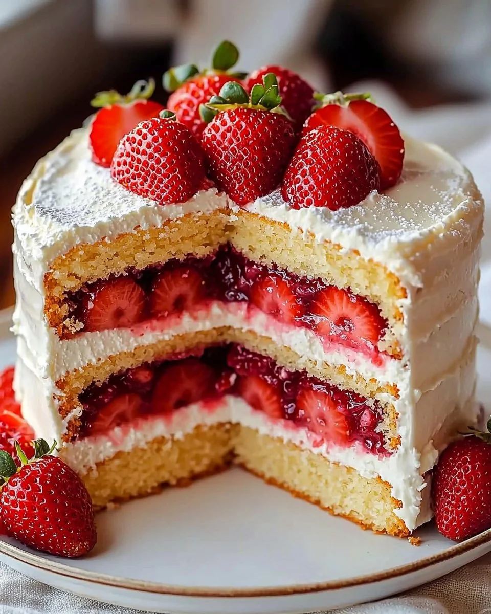 Vanilla cake with strawberry filling, garnished with strawberries