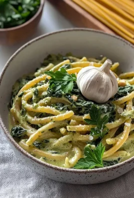 Vegan creamy spinach garlic pasta topped with fresh parsley in a bowl.