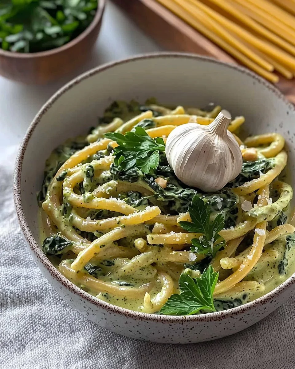 Vegan creamy spinach garlic pasta topped with fresh parsley in a bowl.