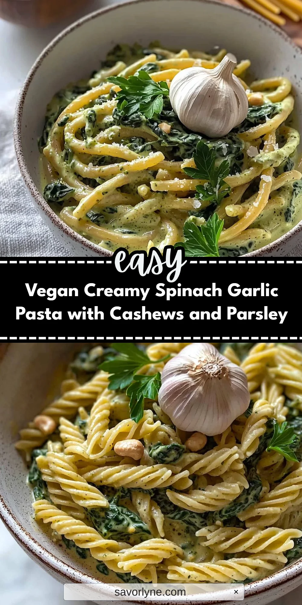 Vegan Creamy Spinach Garlic Pasta with Cashews and Parsley