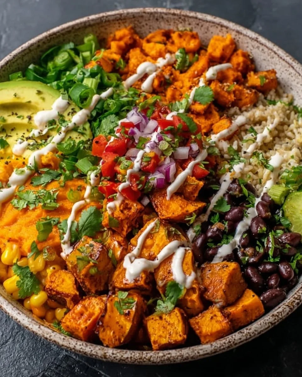Delicious vegan sweet potato burrito bowl topped with fresh veggies and spices