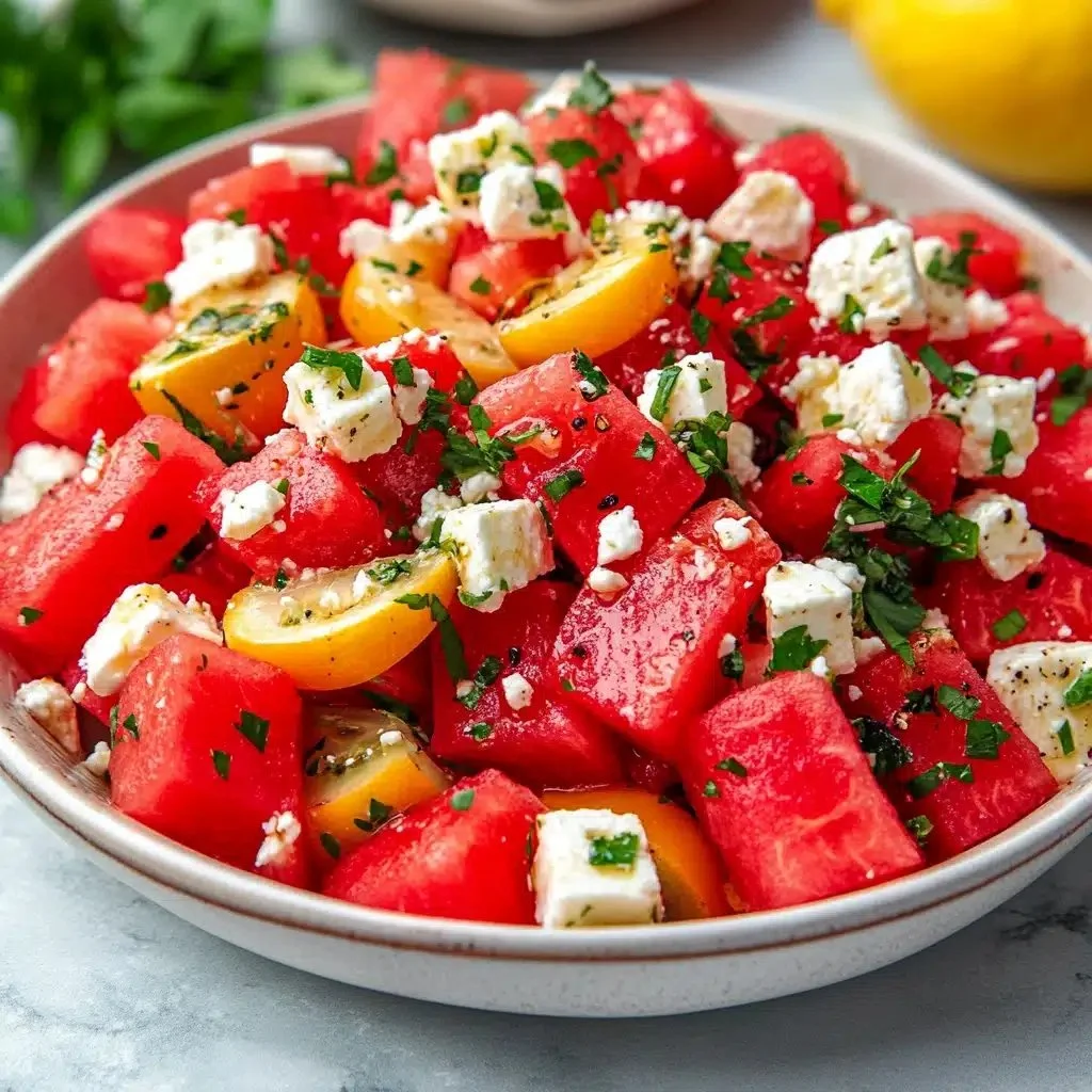 Delicious watermelon feta salad with fresh mint and a drizzle of balsamic.
