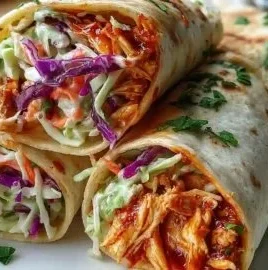 BBQ Chicken Coleslaw Wraps served on a wooden table, garnished with fresh herbs.