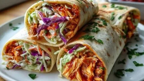 BBQ Chicken Coleslaw Wraps served on a wooden table, garnished with fresh herbs.