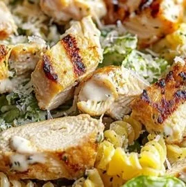 Creamy Chicken Caesar Pasta Salad with grilled chicken, pasta, and Caesar dressing.