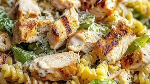 Creamy Chicken Caesar Pasta Salad with grilled chicken, pasta, and Caesar dressing.
