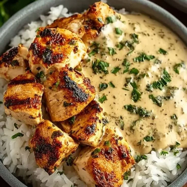 Creamy garlic chicken bowls served in a meal prep container with herbs