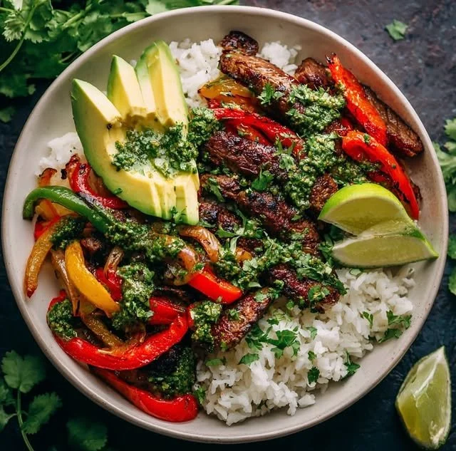 Delicious smoky steak bowl with fresh veggies and rice in a vibrant bowl