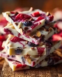 Homemade frozen yogurt bark with colorful toppings on a wooden board.