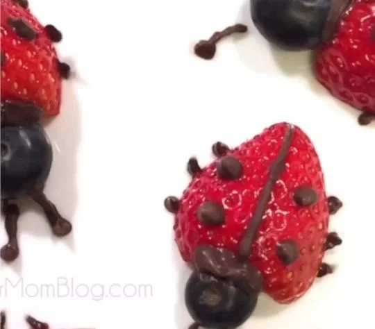 Colorful fruit and chocolate ladybugs on a plate for a fun dessert