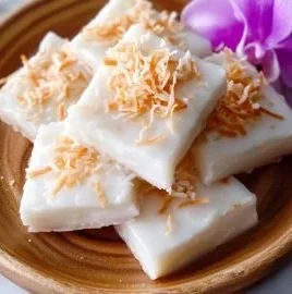 Haupia Hawaiian coconut pudding served in a bowl with a garnish