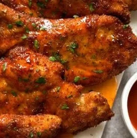 Delicious hot honey chicken cutlets served with a side of vegetables