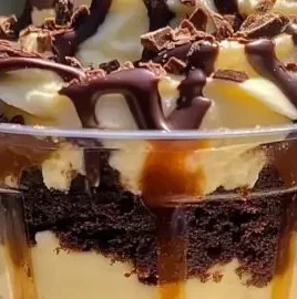Delicious loaded brownie cheesecake cups served on a rustic plate