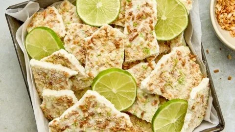 Key Lime Pie Yogurt Bark topped with lime zest and crushed graham crackers