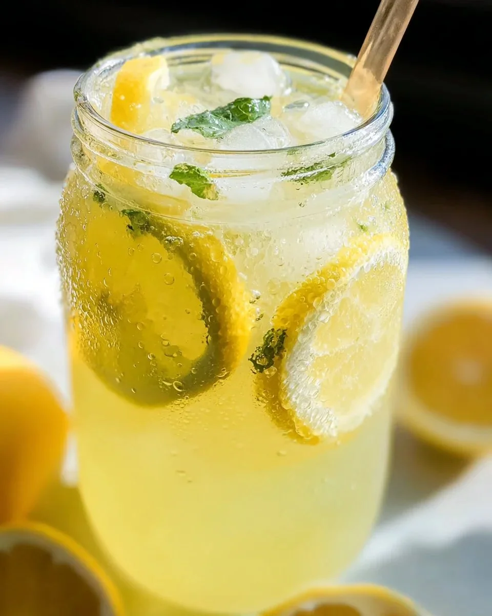 Homemade lemonade in a glass with lemon slices and mint leaves.