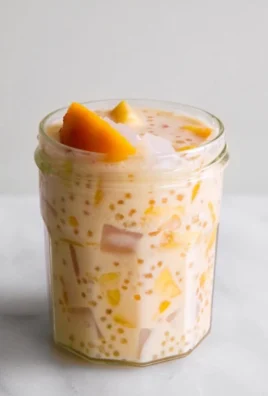 Delicious mango sago dessert topped with fresh mango chunks and coconut cream