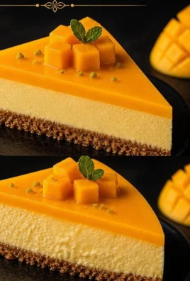 No bake mango cheesecake with fresh mango topping on a white plate