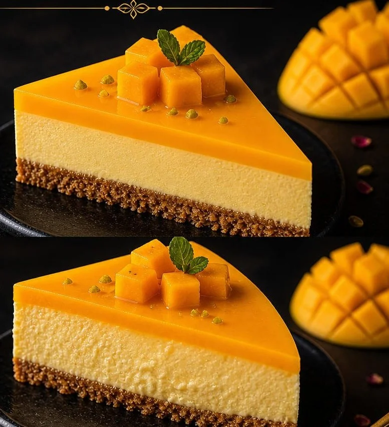No bake mango cheesecake with fresh mango topping on a white plate