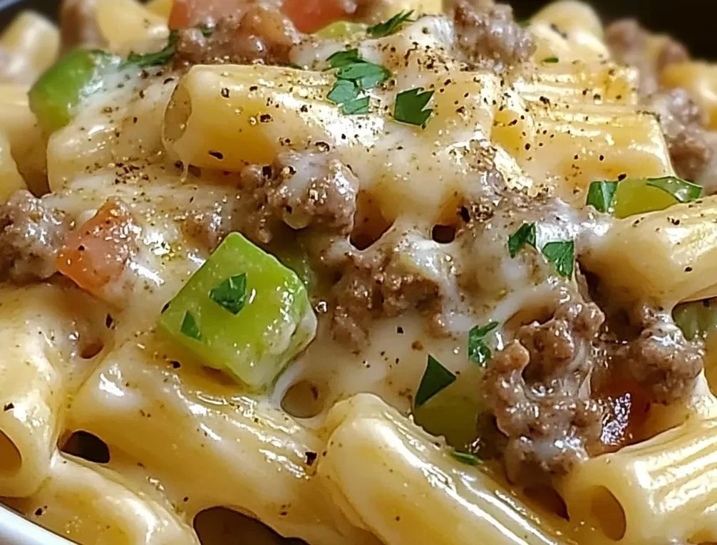 Bowl of creamy Philly Cheesesteak Pasta topped with cheese and peppers