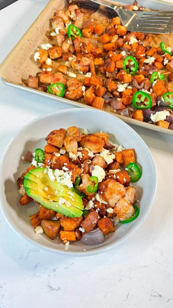 Sheet Pan Hot Honey Chicken with vibrant vegetables on a baking tray.