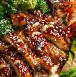 Delicious Sticky Chicken Bowls featuring tender chicken and colorful vegetables