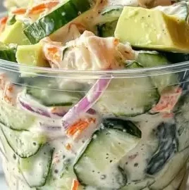 Creamy Sushi Cucumber Salad garnished with sesame seeds and fresh herbs