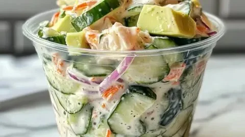 Creamy Sushi Cucumber Salad garnished with sesame seeds and fresh herbs