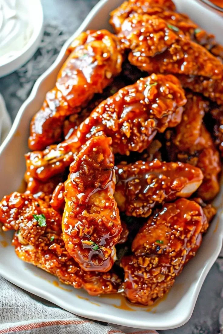 Plate of Sweet and Spicy Chicken garnished with herbs