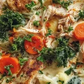 Bowl of creamy anti-inflammatory chicken soup garnished with herbs