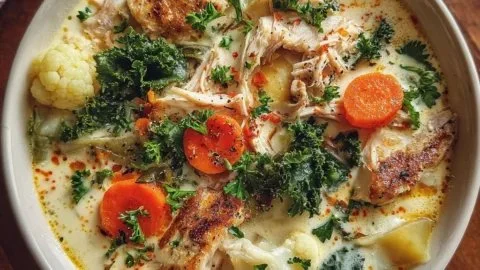 Bowl of creamy anti-inflammatory chicken soup garnished with herbs