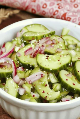 Delicious Asian cucumber salad garnished with sesame seeds and herbs.