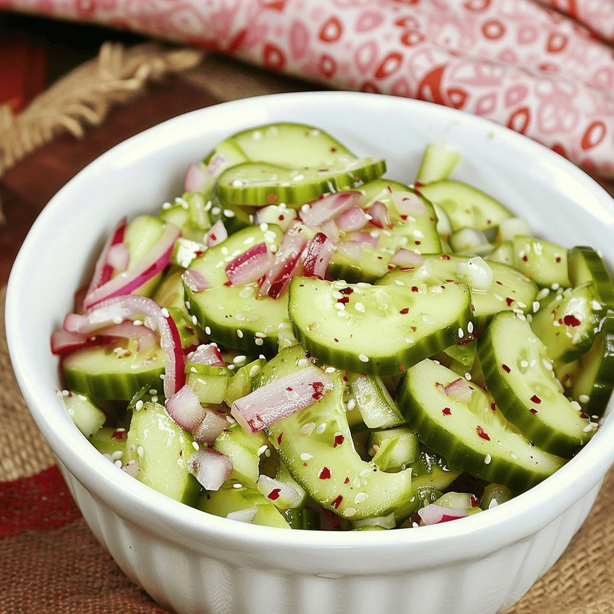 Delicious Asian cucumber salad garnished with sesame seeds and herbs.