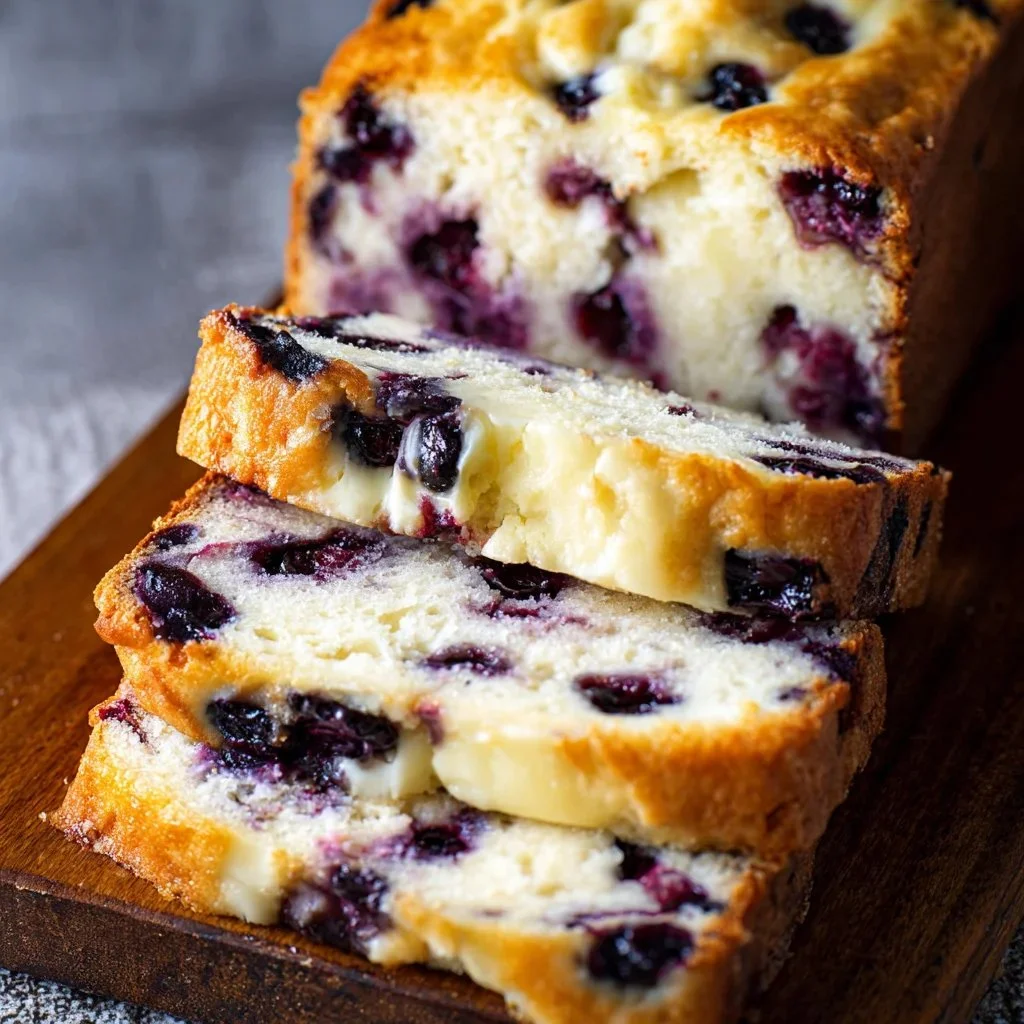 Delicious Blueberry Cream Cheese Loaf topped with fresh blueberries
