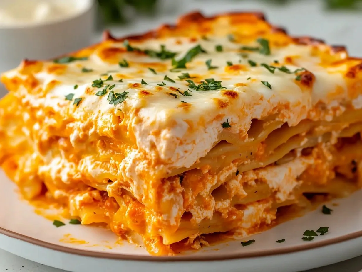 Cheesy Buffalo Ranch Chicken Lasagna dish served hot with toppings