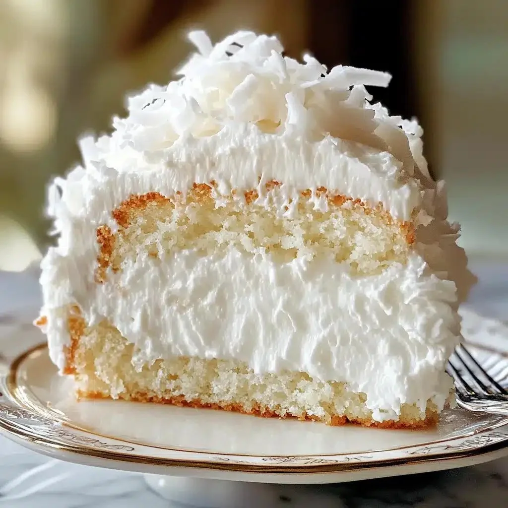 Delicious Coconut Cloud Cake served on a white plate with coconut flakes
