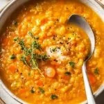 Bowl of cozy anti-inflammatory lentil soup garnished with herbs