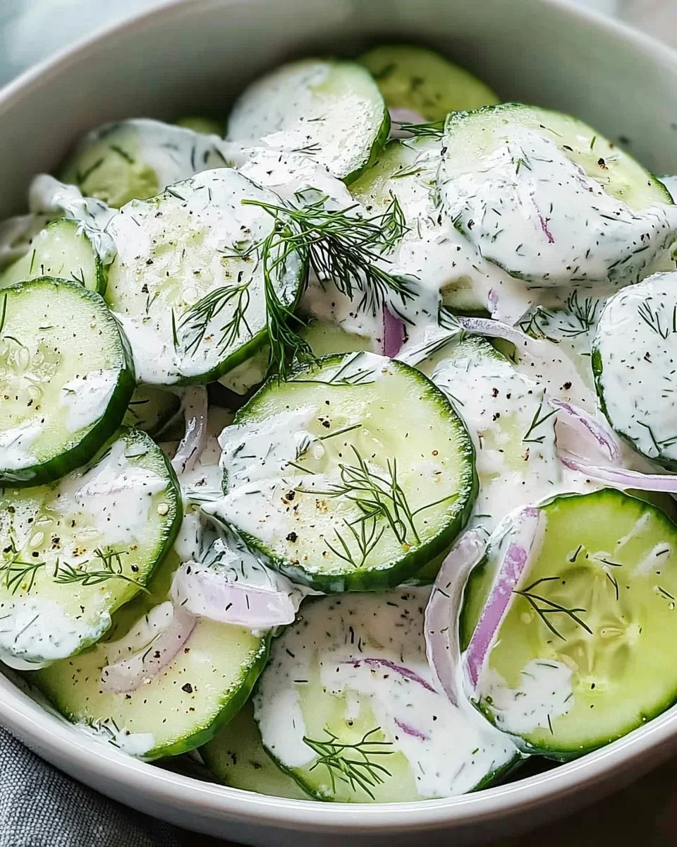 Creamy cucumber salad with fresh herbs and dressing in a bowl.
