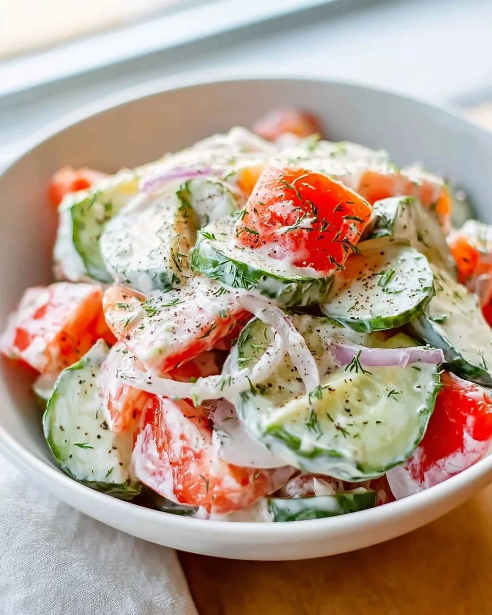 Creamy cucumber tomato salad with fresh herbs and spices