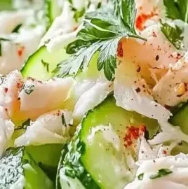 Cucumber salad topped with crab meat, a refreshing summer dish.